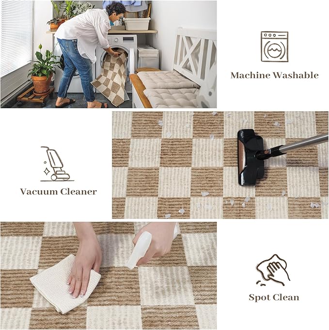 LIVEBOX 9x12 Area Rugs for Living Room, Checkered Non-Slip Washable Rugs, Farmhouse Neutral Classic Geometric Large Boys Area Rug for Bedroom, Carpet for Living Dining Room Office(Brown,9'x12')