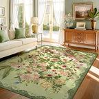 Floral Washable 5x7 Area Rugs - Living Room Rug Non Slip Low Pile Stain Resistant Carpets Indoor Vintage Flower Print Rug for Bedroom Dining Room Kitchen Home Office Green