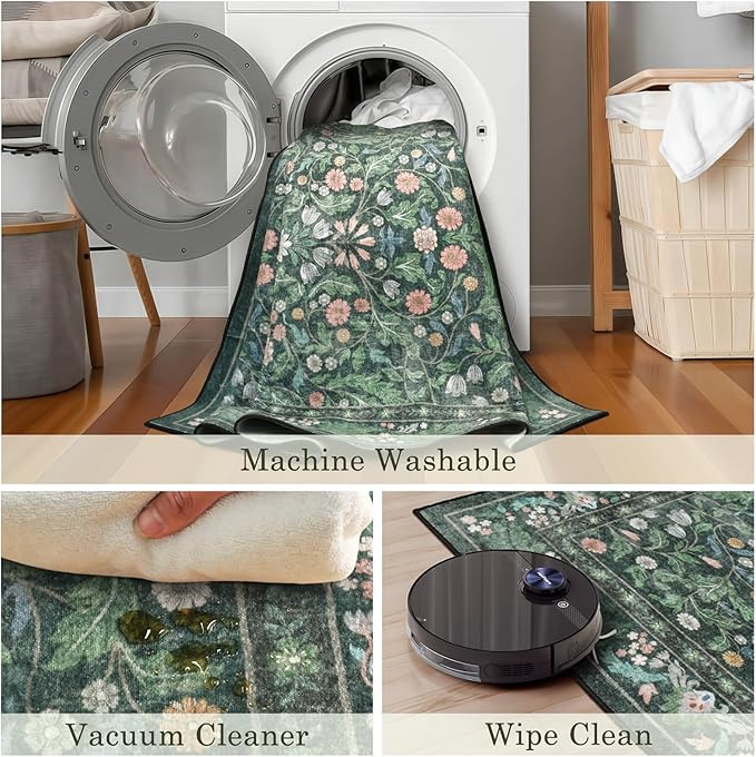 3x5 Washable Area Rug Floral Green Entryway Small Rug Vintage Forest Low Pile Non Slip Stain Resistance Soft Carpet for Kitchen, Bedroom Beside, Laundry Room, Office Rug, Kids Room, Nursery Room