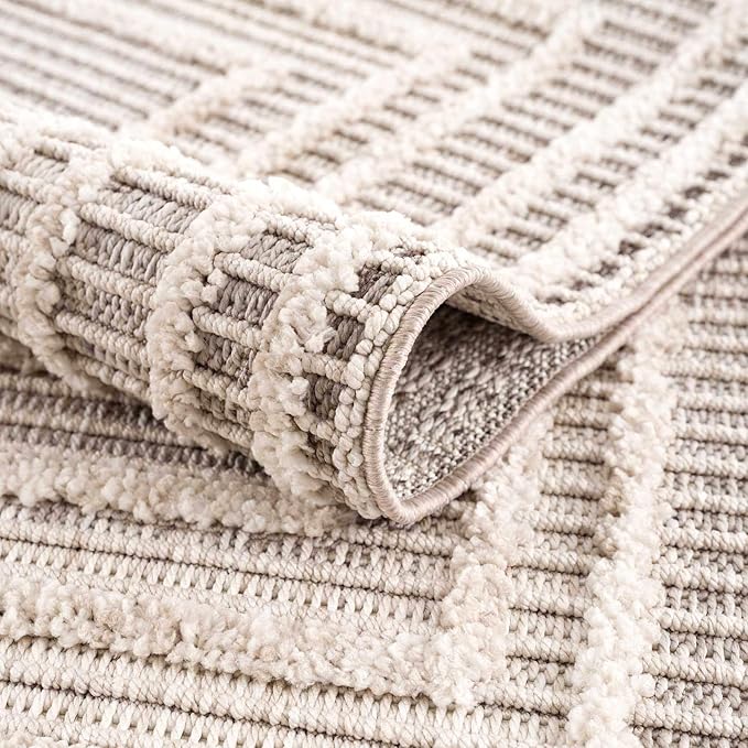 Hauteloom Lunao Living Room, Bedroom Area Rug - Geometric, Solid & Striped - Charcoal, Cream, Peach - 6'7" x 9'