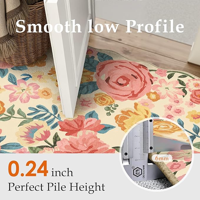 Washable Floral Area Rug 5x7 Beige Living Room Carpet Scalloped Flower Non Slip Soft Bedroom Rug Farmhouse Low Pile Thin Indoor Floor Cover for Office Dining Room Kitchen Bathroom
