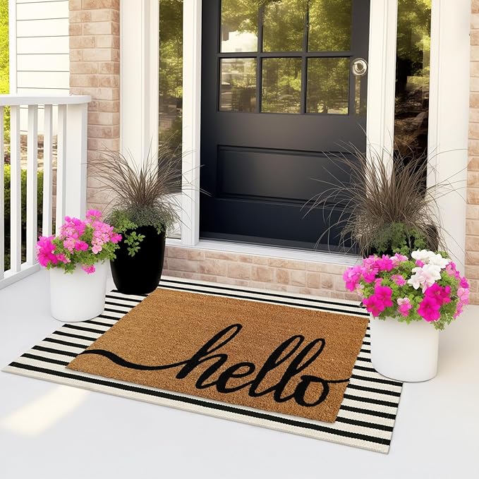 Black and White Striped Rugs 2.3'x3.6', Washable Hand Woven Front Door Rug, Reversible Outdoor Welcome Mat Foldable Layered Door Mats for Entryway Porch Decor Home Entrance