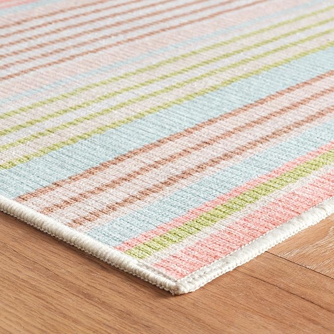 Dash & Albert Ana Ticking Aqua Machine Washable Rug, 8.5 X 11.5 Feet, Multicolored Stripe Pattern