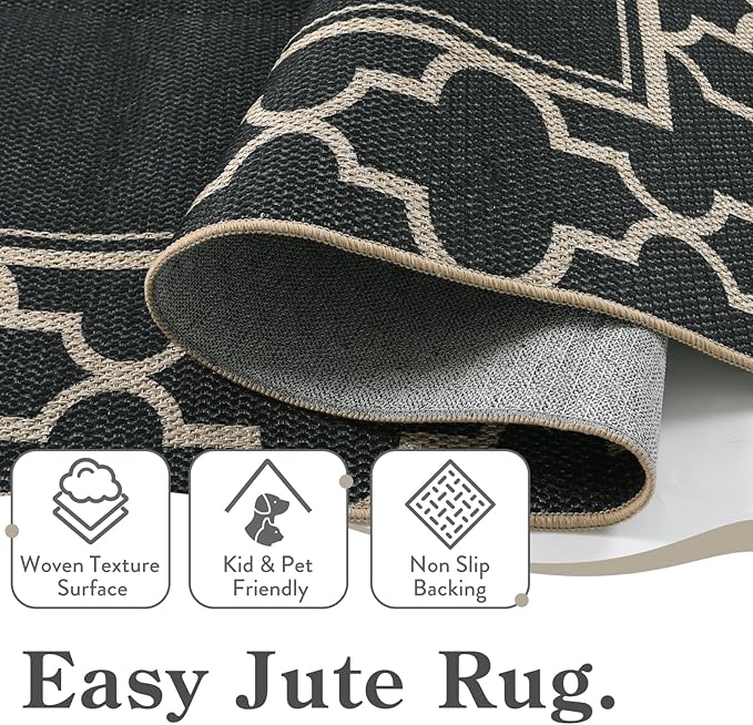 Moynesa Moroccan Easy Jute Outdoor Rug 8x10, Black Washable Living Room Rug Indoor Outdoor Patio Rug Non Slip, Geometric Farmhouse Carpet for Backyard Bedroom Dining Room