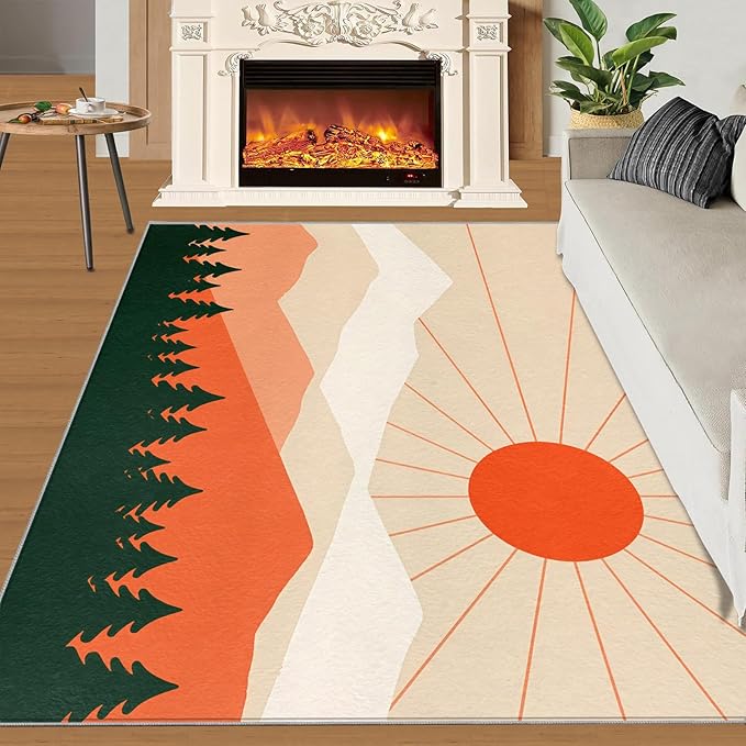 Boho Sun Area Rugs 6x8ft, Minimalist Mountain Living Room Area Rug, Abstraction Deco Play Rug with Carpet Tape Double Sided for Bedroom Office Home Decor