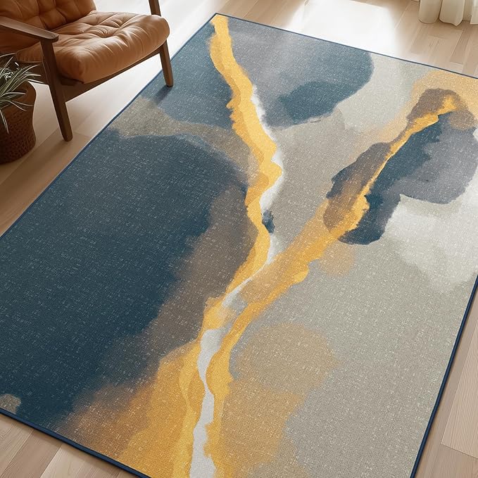 Phantoscope Washable Area Rug 6'x9' Non-Slip, Vintage Modern Boho Rugs for Living Room, Bedroom, Dining Room, Cloudscape Golden Horizon Pattern, Low-Pile Foldable Floor Carpet, Deep Grey/Gold