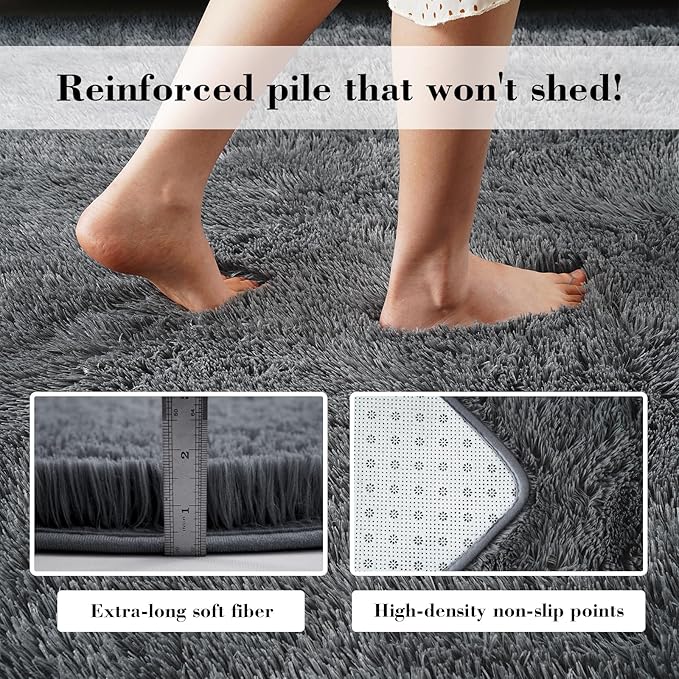 Fluffy Rug Shaggy Area Rug, Dark Grey 3x5 Area Rugs for Bedroom, Small Bedside Rug, Soft Fluffy Shaggy Entryway Throw Rugs for Living Room Bedroom Kids Room Home Decor