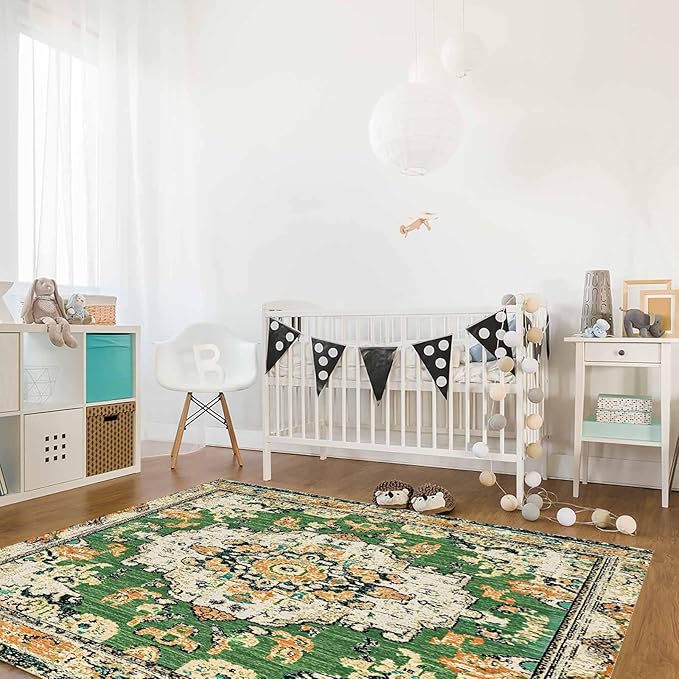 Bohemian Pattern Rectangular Area Rugs for Living Room Bedroom 2.8 x 5 ft Green & Orange Abstract Non-Shedding Soft Low Pile Rug Non Slip Washable Rug for Nursery Entryway Playroom