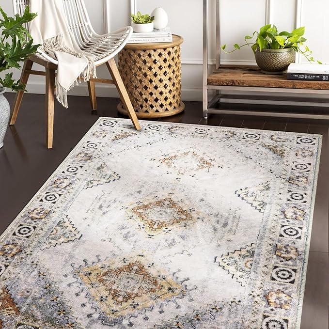 COMSLE Area Rug 3x5 Faux Wool Rugs for Kitchen, Boho Washable Throw Rugs Non-Slip Distressed Carpet Soft Accent Floor Rug for Bedroom, Living Room, Laundry Room (Khaki)