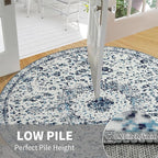 Easy-Going Round Area Rug 3ft Washable Boho Small Circle Rugs for Living Room Non-Slip Bedroom Rug Low Pile Lightweight Floral Print Vintage Throw Rug for Dining Room Kitchen Home Office, Blue Cream