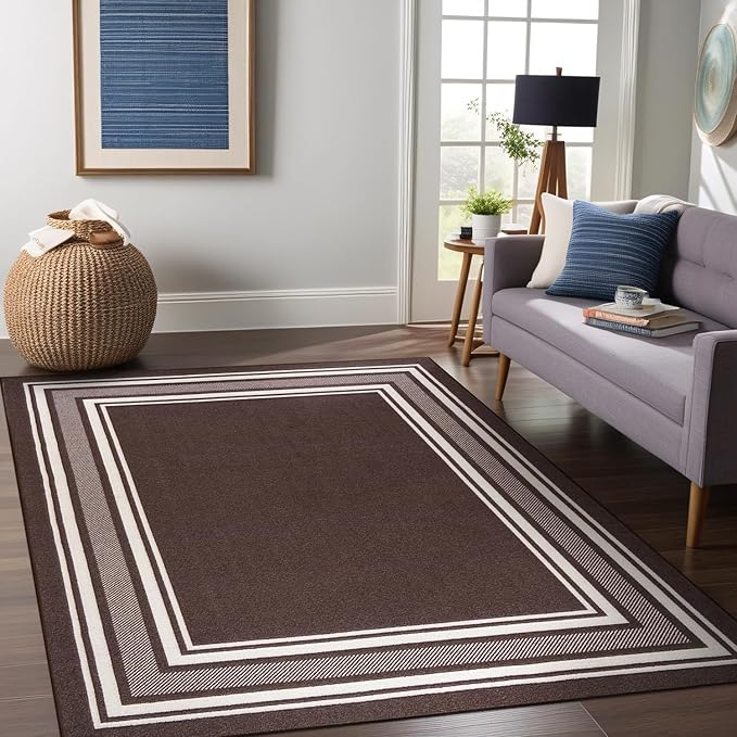 Beverly Rug Non Slip Area Rugs 3x5 Modern Bordered Non Skid Rubber Backing Soft Area Rug for Living Dining Room Easy to Clean Non Shedding Kitchen Bedroom Indoor Carpet 3 x 5 Brown