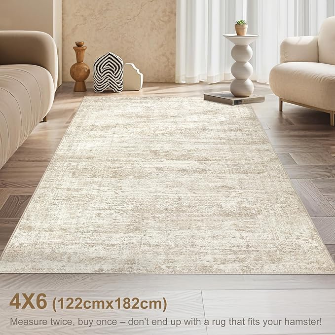 4x6 Area Rug Living Room Rugs - Washable Neutral Modern Abstract Soft Thin Rug Indoor Floor No Slip Rug Carpet for Bedroom Under Dining Table Home Office Decor - Beige/Brown