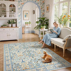 5x7 Area Rugs Living Room Rug - Floral Vintage Morris-Inspired Washable Carpet, Low Pile Non-Shedding Stain Resistance Boho Soft Carpet for Bedroom, Dining Room, Office, Farmhouse (5'x7' Blue/Orange)