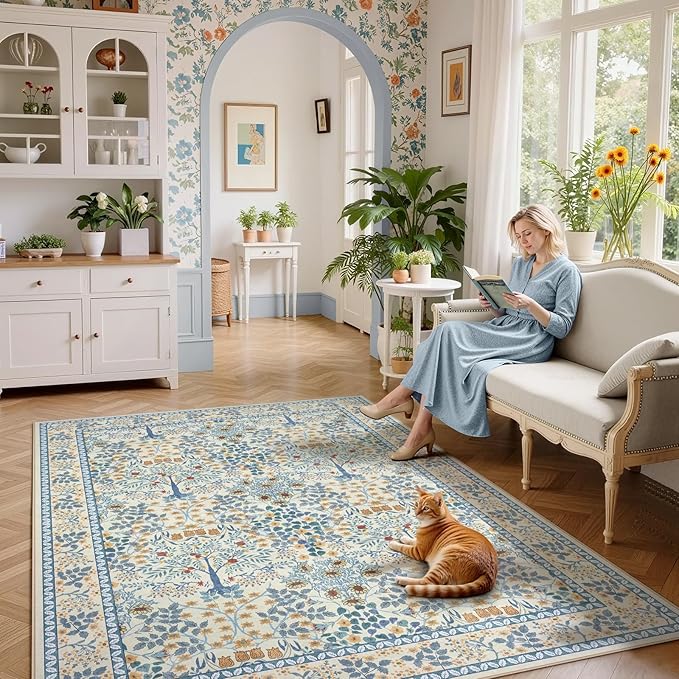6x9 Area Rugs Living Room Rug - Floral Vintage Morris-Inspired Washable Carpet, Low Pile Non-Shedding Stain Resistance Boho Soft Carpet for Bedroom, Dining Room, Office, Farmhouse (6'x9' Blue/Orange)