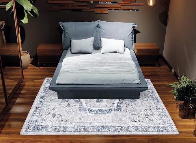 Bloom Rugs Washable Non-Slip 5' x 7' Rug - Pebble Gray/Blue Traditional Medallion Area Rug for Living Room, Bedroom, Dining Room, and Kitchen - Exact Size: 5' x 7'