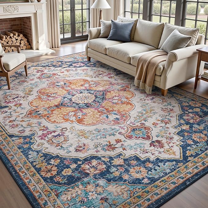 tchdio 5x7 Area Rugs for Living Room, Vintage Non Slip Washable Rug, Soft Low Pile Area Rug Large Floor Indoor Carpet for Bedroom, Dining Room, Office (Multi, 5'x7')