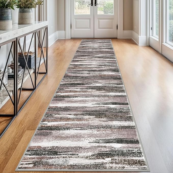 Modern Abstract Runner Rug 2.6x12, Dark Light Brown White Washable Long Kitchen Runner Non-Slip Soft Hallway Rug Runner Thin Print Faux Wool Carpet for Entryway Bedroom Laundry Room Indoor