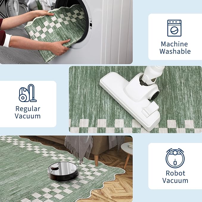 GarveeHome 4x6 Area Rug Small Washable Living Room Rug Scalloped Rug with Rubber Backing Stain Resistant Low Pile Dining Room Throw Carpet Modern Bordered Mat for Bedroom Kitchen, Green