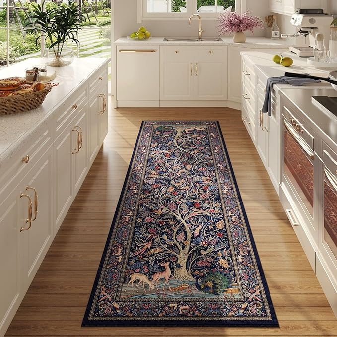 Rugcomf Runner Rug 2x6 Vibrant Tree of Life-Patterned Vintage Kitchen Rugs Non Slip Washable Soft Carpet Runner for Laundry Bedroom Bathroom, Blue