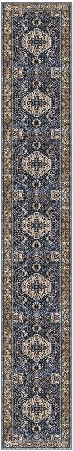 KOZYFLY Runners for Hallways 3x18 Ft Extra Long Washable Kitchen Thin Runner Rug Boho Runner Rug for Entryway Indoor Printed Faux Wool Stair Floor Carpet for Stair Kitchen Hall, Gold/Navy