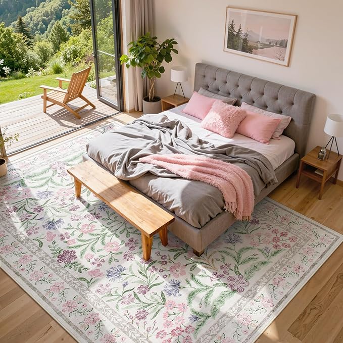 Lahome Purple Floral 9x12 Area Rug, Machine Washable Low Pile Nursery Girls Rug, Non-Slip Thin Carpet for Playroom Kids, Soft Boho Mat for Women Bedroom Decor
