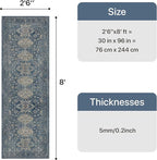 Bavni Washable Runner Rug 2’6”x8’, Non Slip Vintage Hallway Runner, Ultra Thin Low Pile Washable Carpet for Kitchen Entryway Bedroom, Blue