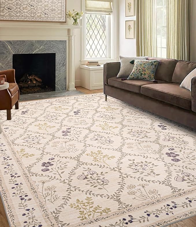 YIHOUSE 6x9 Washable Rug for Bedroom, Beige Floral Rugs for Living Room Non Slip Ultra-Thin Large Boho Rug for Kids Playroom, Classroom, Girls Dorm, Nursery, Beige Multi