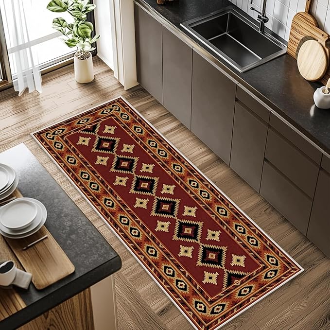 Burgundy Diamond Runner Rug, 3x12ft Hallway Runner Rugs - Corridor & Foyer Area Rugs, Non-Slip Mat Durable Rug, Washable Flannel Material, Southwestern Geometric Home Decor Carpet