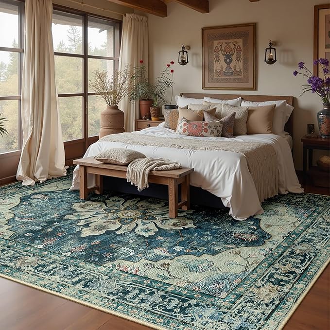 Area Rugs Square 8ft Washable Non-Slip, Floral Vintage Distress Print Pattern Medallion Carpet for Living Room Bedroom Dining Room, Dark Blue Vintage