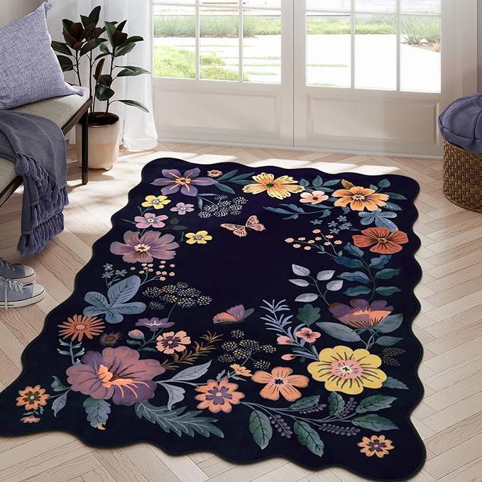 Lahome Floral Washable Rugs for Bedroom, 4X6 Area Rug Ultra-Thin Soft Living Room Rug, Non-Slip Classroom Rug Stain Resistant Lightweight Boho Low-Pile Throw Carpet for ‎Office (4x6ft,Purple)