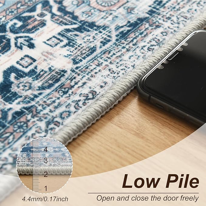 XWZO Entryway Area Rug 2x3ft — Soft Vintage Low Pile Door Floor Mat with Non Slip Backing for Bedroom Bathroom Kitchen Laundry, Spill Resistant Washable Small Indoor Carpet for Doorway Entrance, Blue