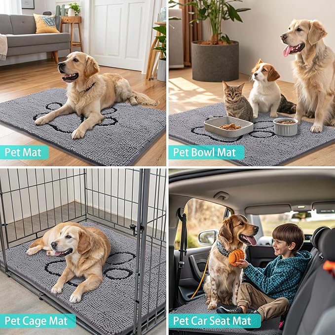 Smiry Dog Door Mat for Muddy Paws, Absorbent Dirt Trapper Non Slip Quick Dry Washable Chenille Mat for Mud Dogs, Entry Rug for Indoor and Outdoor (59x35 Inches, Grey and Black)