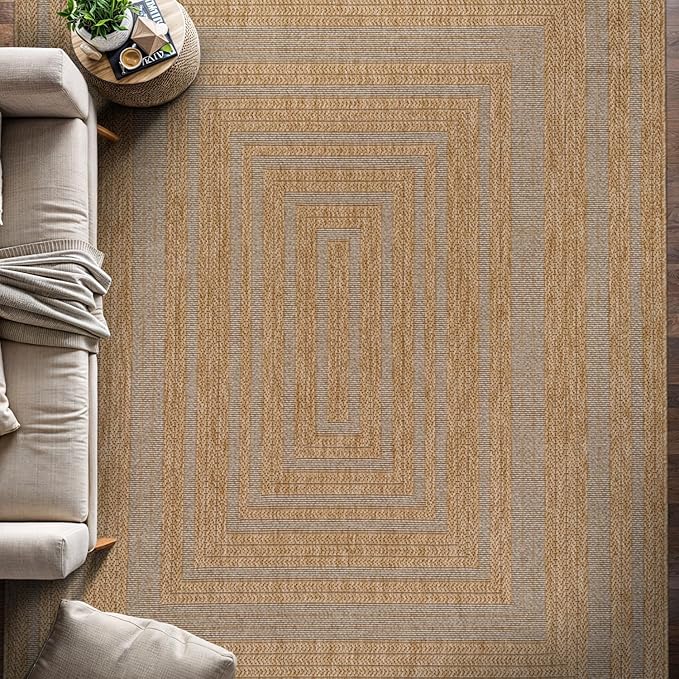 Beverly Rug Easy Jute Framed Border Rug 5x7 Washable Durable Indoor Outdoor Area Rugs for Living Dining Room Patio Office Stain Resistant Non Shedding Casual Indoor Outside Carpet 5 x 7 Natural