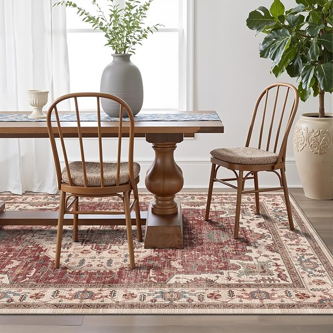 LUMI 8x10 Washable Area Rug for Living Room, Ultra Soft Traditional Vintage Red Rugs Non Slip with Rubber Backing, Low Profile, High Traffic, Stain Resistant Carpets, Ideal for Bedroom, Dining Room