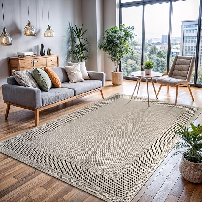 CAMILSON Easy Jute Rug 8x10, Indoor Outdoor Off-White Color Fiber Area Rugs for Entry, Living Room and Bedroom Rug, Bordered Boho Woven Design, Easy-Cleaning, Washable Outside Carpet (8 x 10)