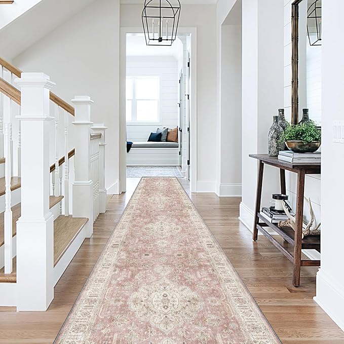 Washable Hallways Runner Rugs 2x10 Non-Slip Hallway Runners for Entrance Bedroom Low Pile Vintage Runners Pink