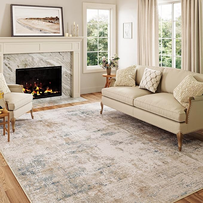 5x7 Washable Area Rug Beige Blue Abstract Living Room Bedroom Throw Rug Neutral Modern Non Slip Soft Low Pile Carpet for Kitchen Dining Room Office Entryway