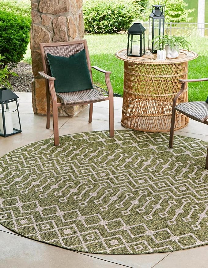 Unique Loom Outdoor Trellis Collection Area Rug - Tribal Trellis (13' Round, Green/ Natural)