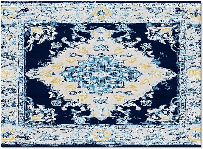 Bohemian Pattern Rectangular Area Rugs for Living Room Bedroom 3 x 5 ft Blue & Yellow Abstract Non-Shedding Soft Low Pile Rug Non Slip Washable Rug for Nursery Entryway Playroom