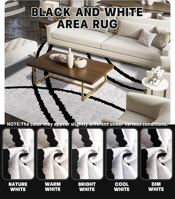 YIHOUSE Modern Area Rugs for Living Room, 9x12 Washable Black and White Rug, Thin Abstract Geometric Striped Rug, Area Rug for Bedroom,Kitchen,Dining Room,Office