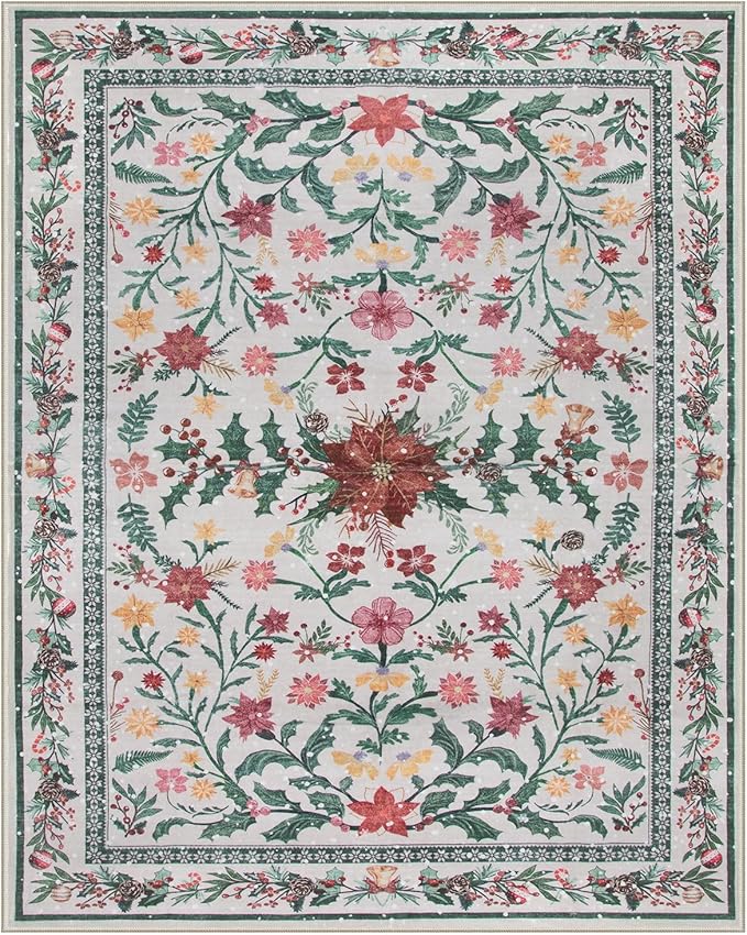 Lahome Christmas Rugs 8x10 Living Room Decor, Washable Area Rugs for Dining Room Stain Resistant, Large Thin Carpets Under Bed Couch Cottagecore Holiday Decor