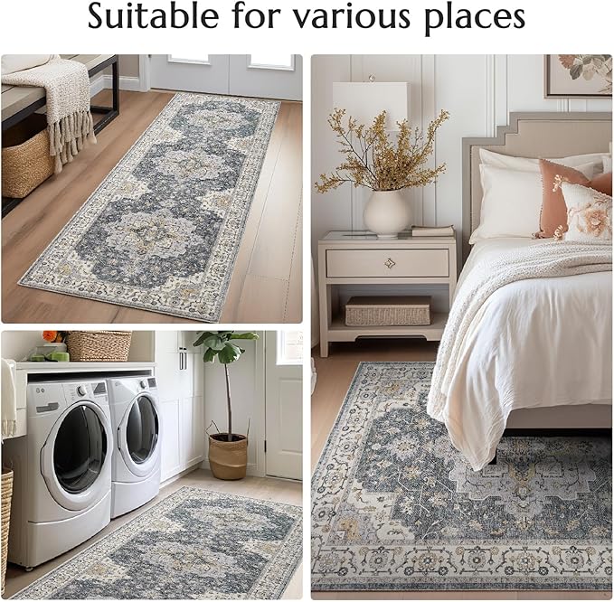 jinchan Area Rug 5x7 Vintage Washable Bedroom Rug Floral Medallion Lightweight Non Slip Thin Retro Classic Soft Boho Floor Cover Farmhouse Carpet for Living Room Dining Room Kitchen Grey