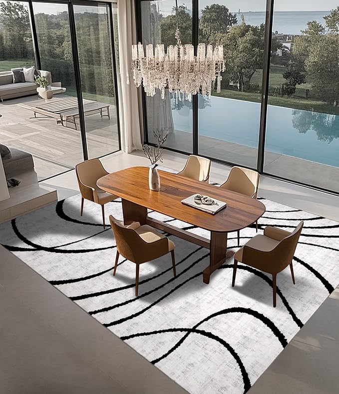 YIHOUSE Modern Area Rugs for Living Room, 9x12 Washable Black and White Rug, Thin Abstract Geometric Striped Rug, Area Rug for Bedroom,Kitchen,Dining Room,Office