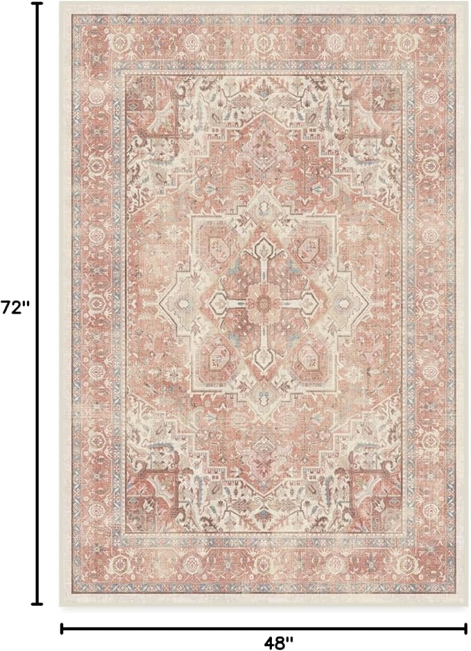 RUGGABLE Washable Area Rug – Kamran Rose Pink 4x6, Stain-Resistant, Non-Slip – Medium Machine Washable Rugs for Living Room, Bedroom, Hallway, Entryway & Office–with Cushioned Pad