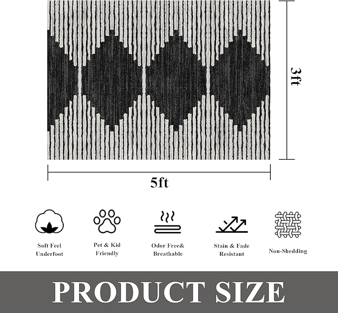HelloTree Area Rug 3x5 Geometric Rug,Washable Modern Neutral Stain Resistant Indoor Carpet Boho Living Room Moroccan Rugs Fluffy Rug for Living Room Bedside Room Decor for Family-Black
