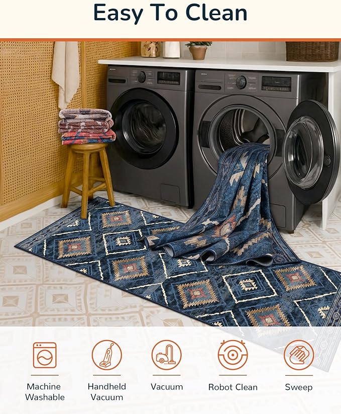 Area Rug 5x7 Rug Machine Washable Non-Slip Low Pile Print Pattern Western Rug for Living Room Bedroom Entryway Tribal Series -Darkblue
