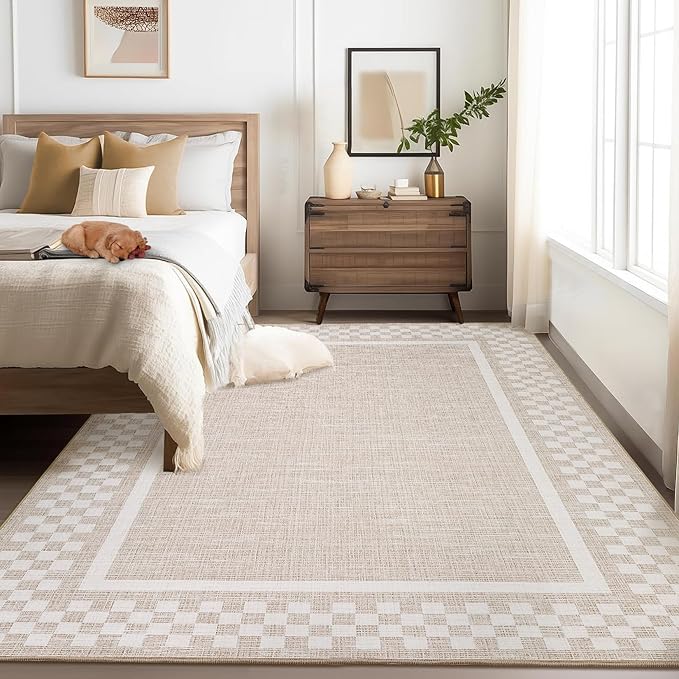 GarveeHome Area Rug 9x12 Living Room Rug Modern Bordered Soft Large Area Rugs for Bedroom Washable Checkered Dining Room Throw Carpet Non Slip Stain Resistant Geometric Rugs for Home Office, Beige