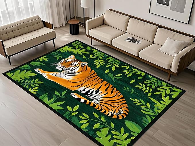 Tiger Rugs，3x5ft,Tiger and Green Leaf Print Rug for Living Room，A Colorful and Artistic Tiger Rug, Perfect for A Children's Play Area，Machine Washable Non-Slip Carpet Suitable for Bedroom and Study