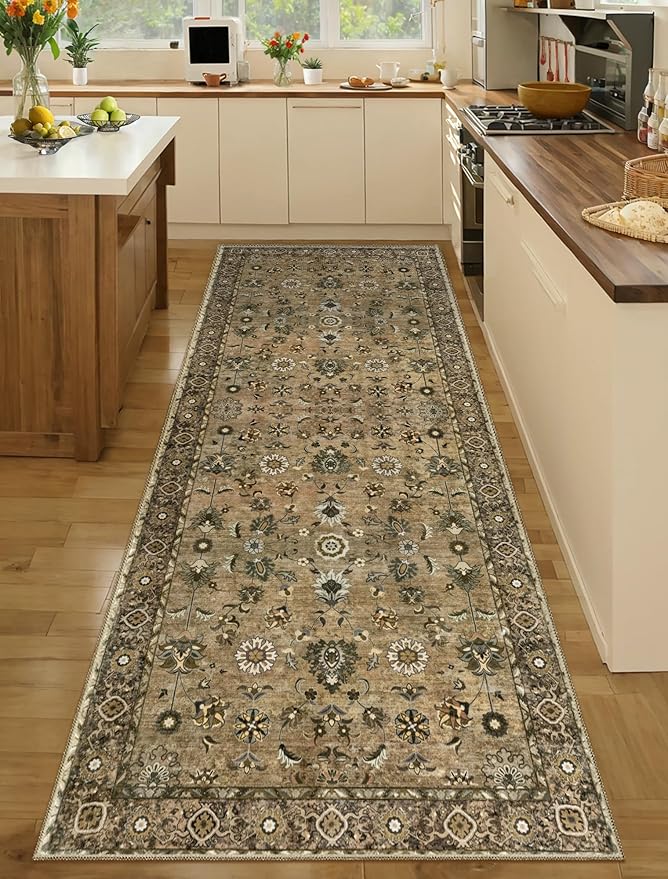 Tangsoo Brown 2.6x10 Hallway Runner Rugs, Washable Runner Rug for Hallways Non Slip, Floral Vintage Soft Low Pile 10ft Long Rug Runner, Indoor Carpet Runners for Living Room Kitchen Bedroom Entryway