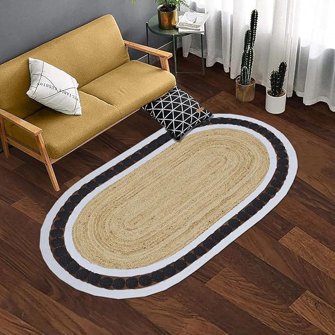 Flatweave Runner 3x10 Oval Kilim Jute Runner Hand Braided Jute Thick 0.27" Solid Pattern Black Beige Natural Oval Handmade Boho Indoor Outdoor Rugs for Hallway Enterway Stair Corridor